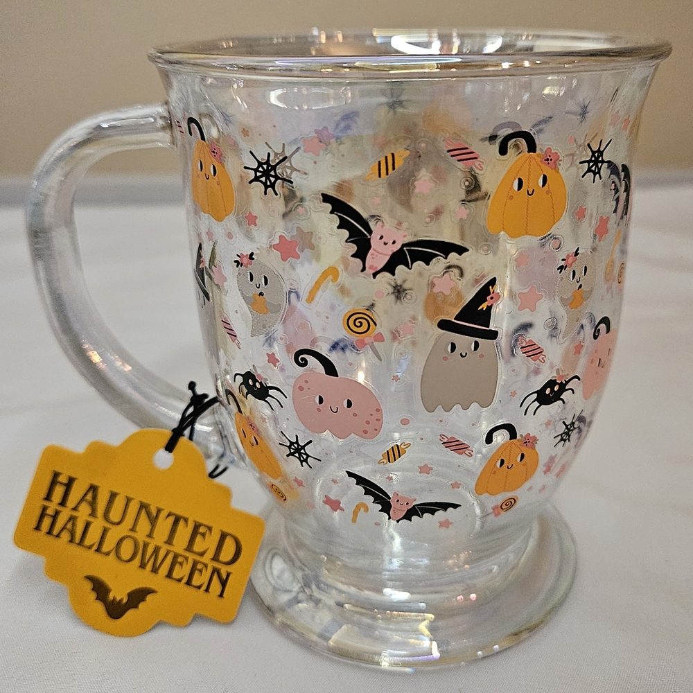 Halloween Themed Glass Mug with Cute Ghosts and Pumpkins NWT